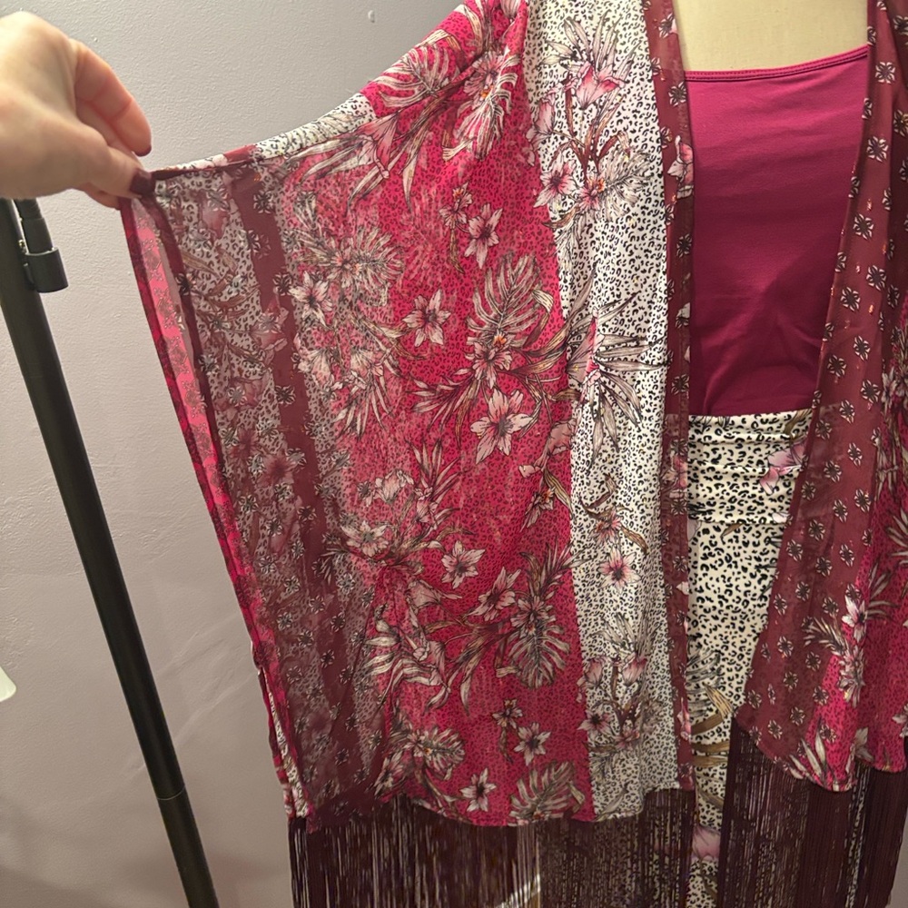 White House Black Market Floral Sheer Fringe Kimono in Magenta and Burgundy